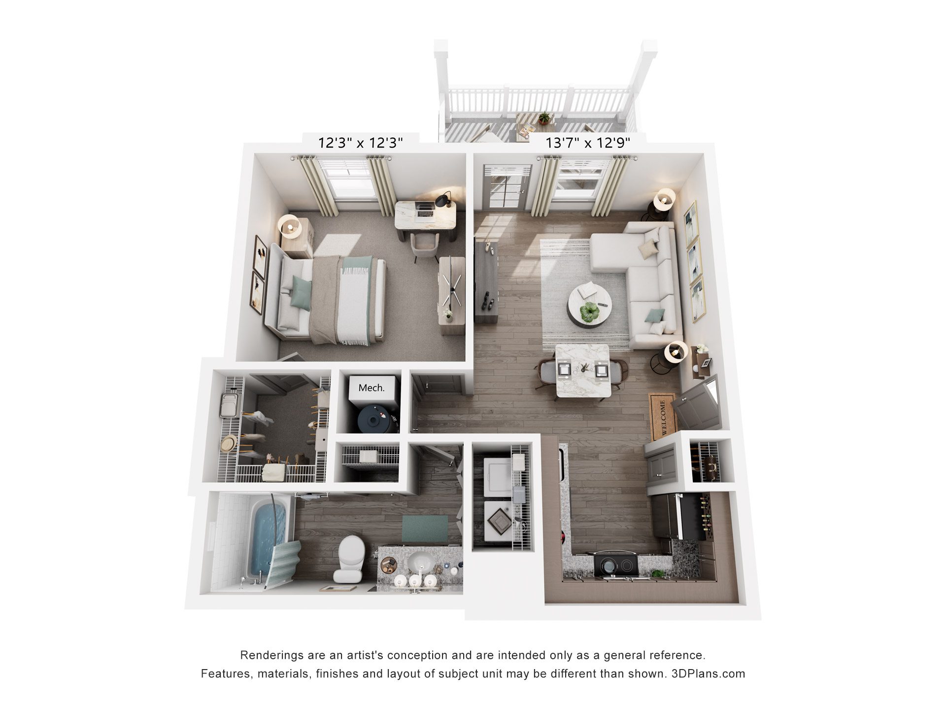 Floor plan for 1 bed, 1 bath, 717 sqft